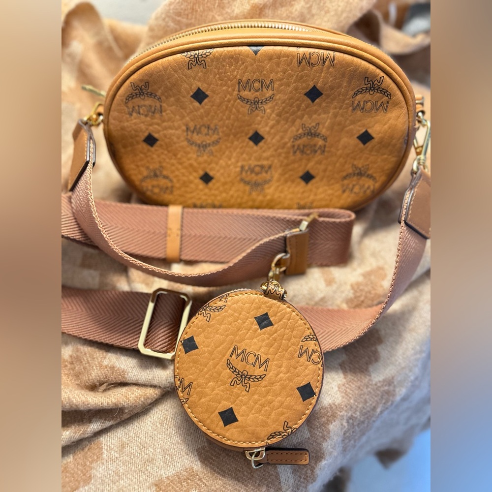 MCM Triple Pouch Signature Visetos Crossbody in Cognac - Picture 2 of 16